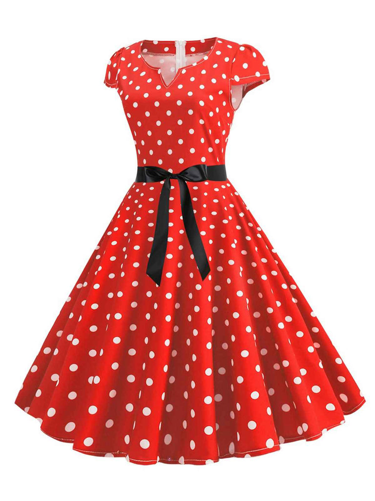 1950s Cap Sleeve Polka Dot Belted Dress