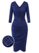 Blue 1940s Solid V-Neck Dress with Belt