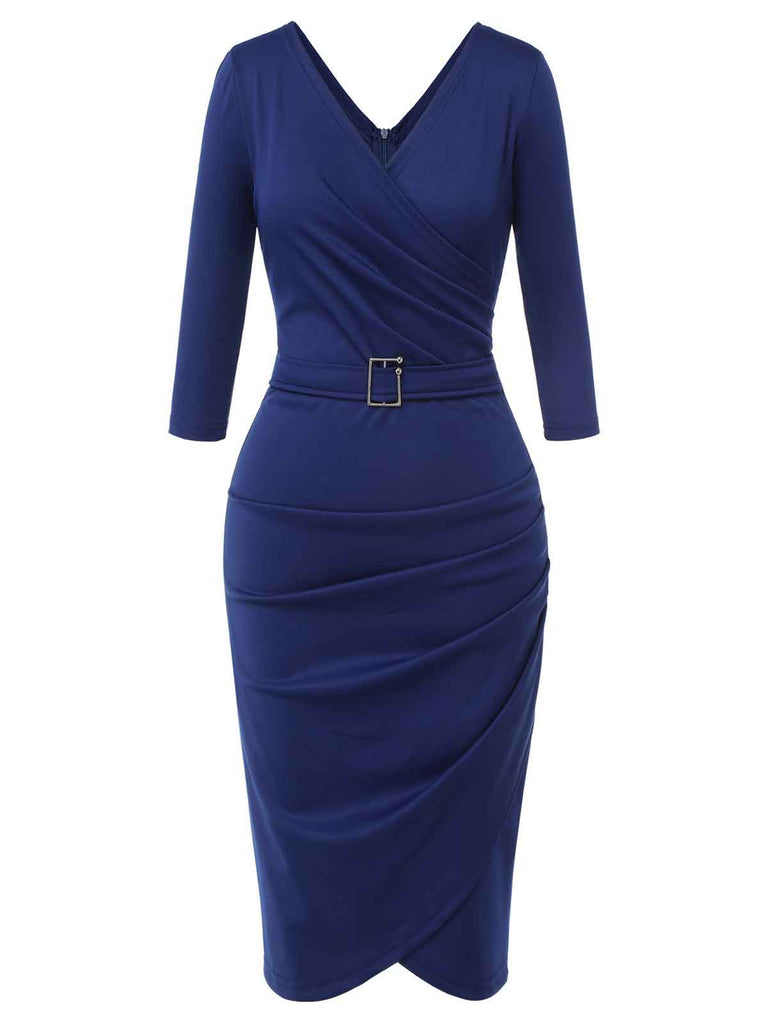 Blue 1940s Solid V-Neck Dress with Belt