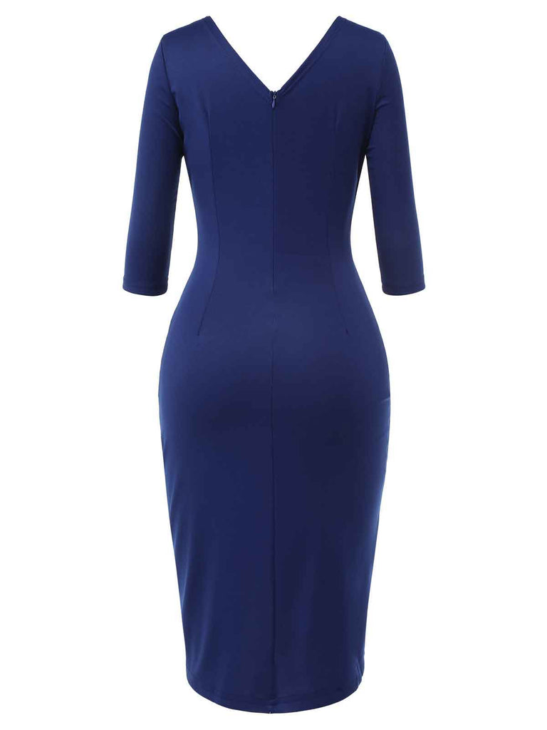 Blue 1940s Solid V-Neck Dress with Belt