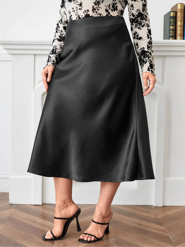 [Plus Size] Black 1950s A-Line Satin Skirt