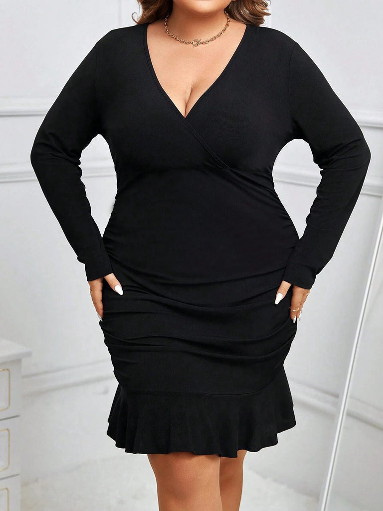 [Plus Size] Black 1930s Solid V-Neck Ruffle Hem Dress