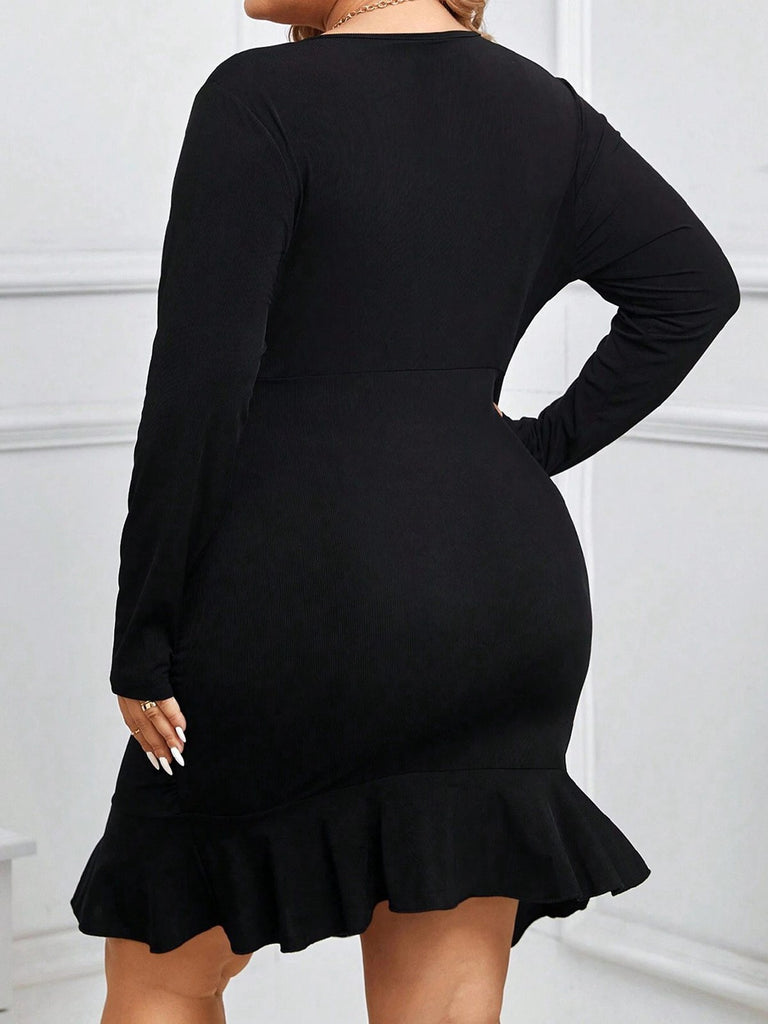 [Plus Size] Black 1930s Solid V-Neck Ruffle Hem Dress