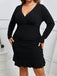 [Plus Size] Black 1930s Solid V-Neck Ruffle Hem Dress