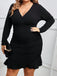 [Plus Size] Black 1930s Solid V-Neck Ruffle Hem Dress