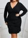 [Plus Size] Black 1930s Solid V-Neck Ruffle Hem Dress