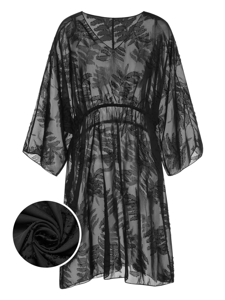 [Plus Size] Black 1950s Leaves Mesh Cover-up