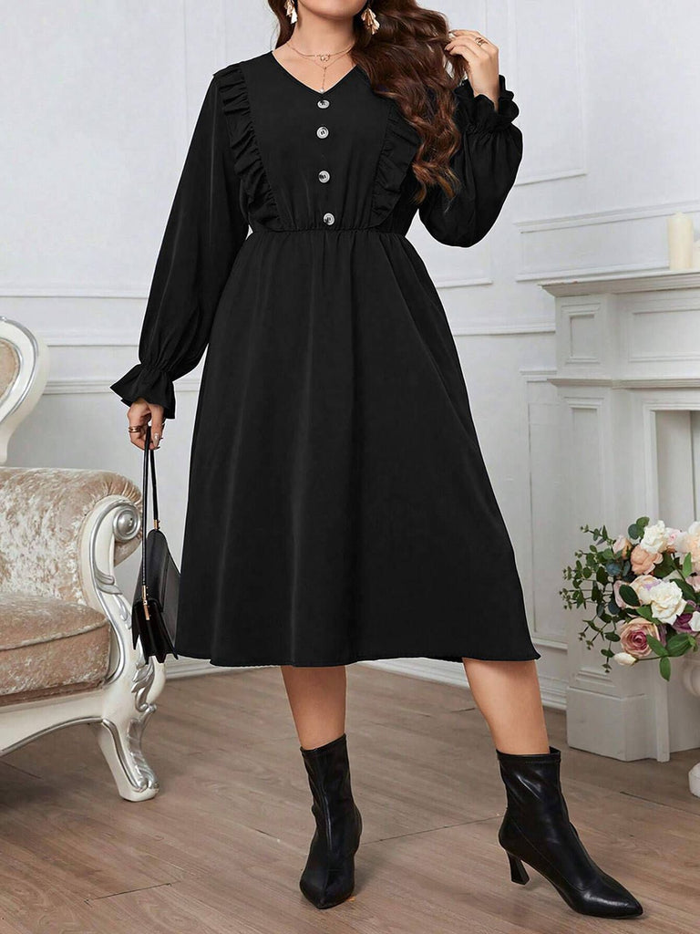 [Plus Size] Black 1950s Solid Ruffles Dress