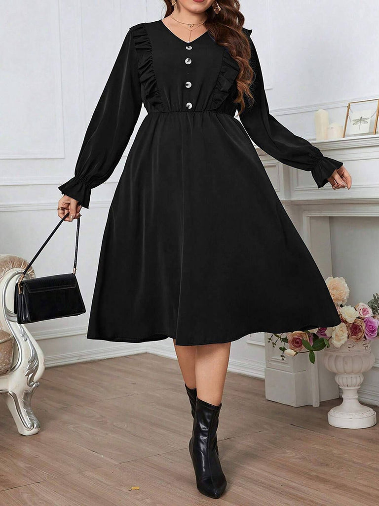 [Plus Size] Black 1950s Solid Ruffles Dress