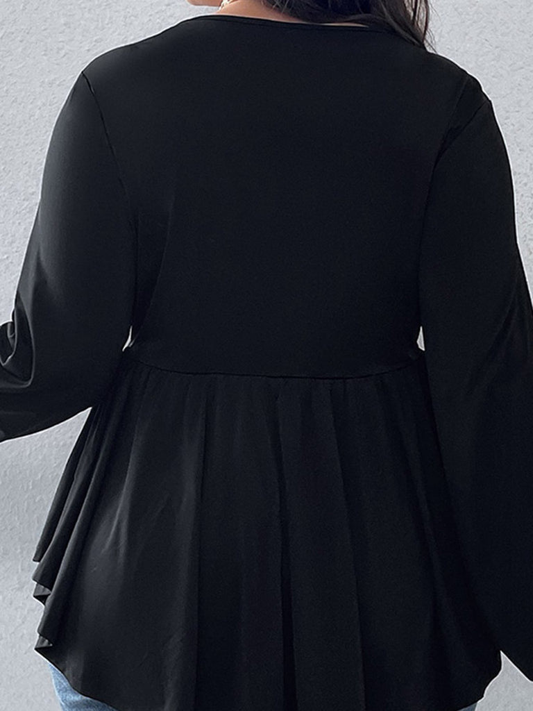 [Plus Size] Black 1950s Solid V-Neck Irregular Hem Top