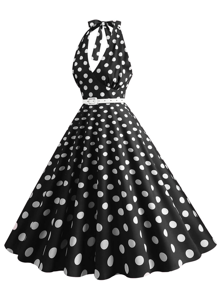 1950s Halter Polka Dot Print Swing Dress