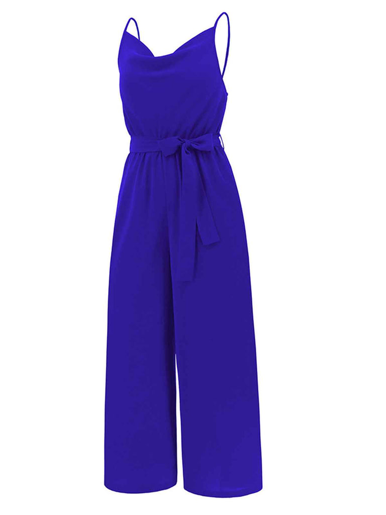 1930s Cowl Neck Spaghetti Strap Solid Belted Jumpsuit