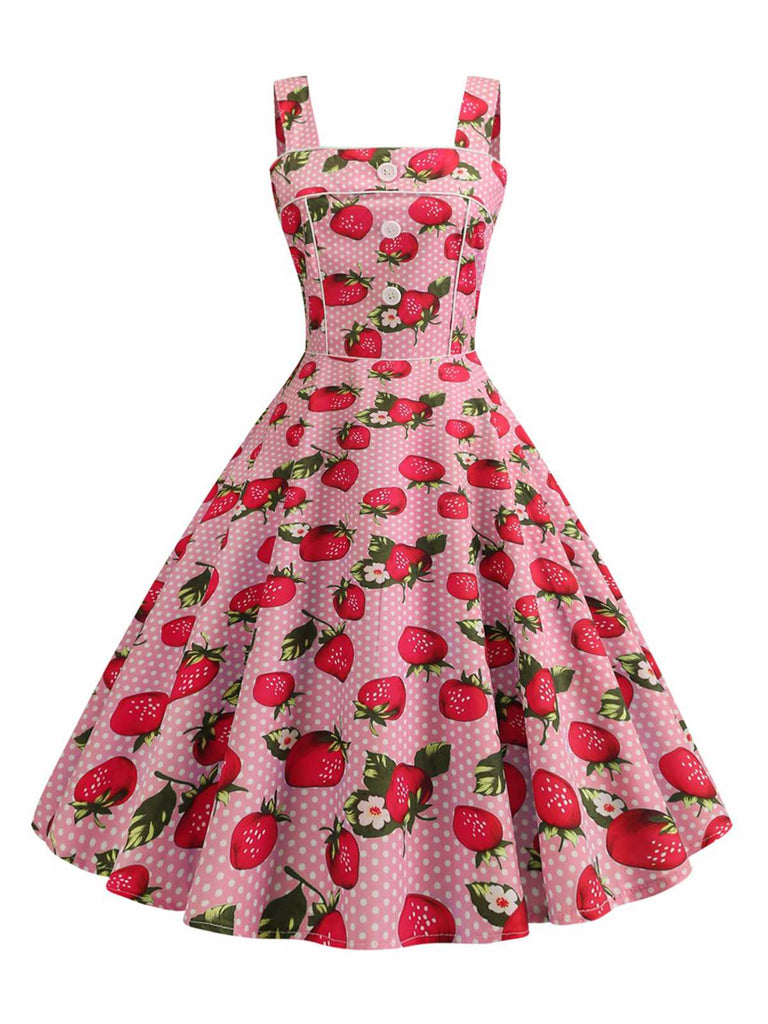 1950s Strap Strawberry Polka Dots Sleeveless Dress