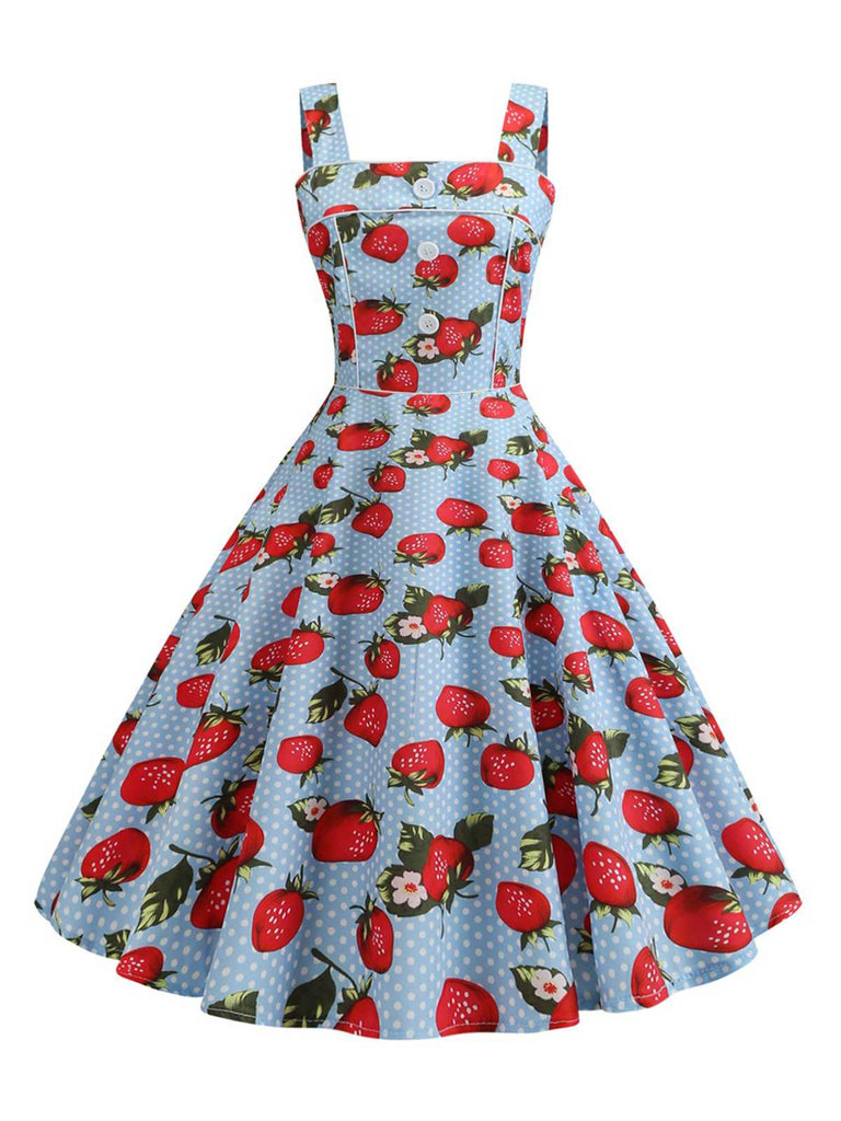 1950s Strap Strawberry Polka Dots Sleeveless Dress