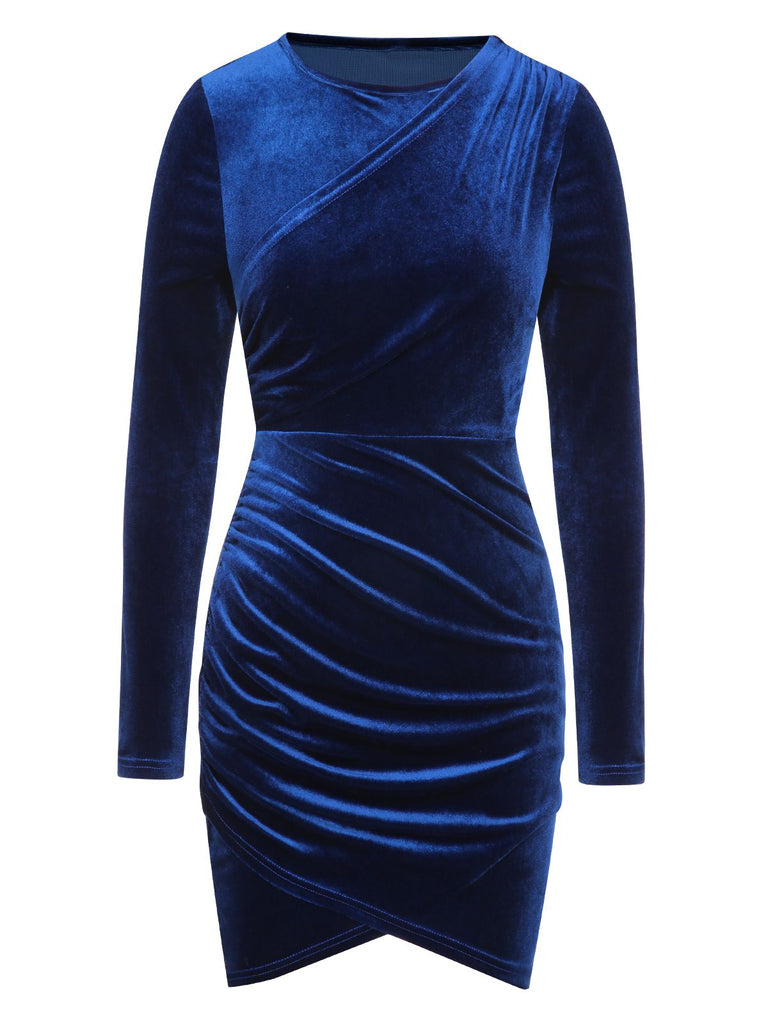 Royal Blue 1960s Solid Long Sleeve Velvet Dress