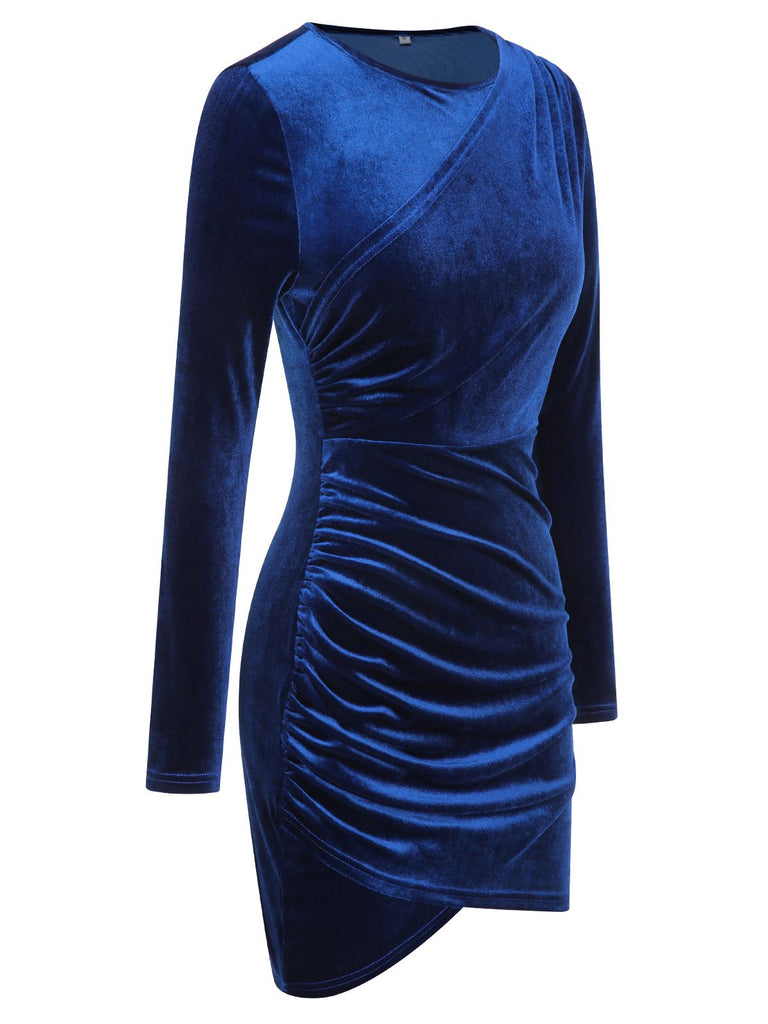 Royal Blue 1960s Solid Long Sleeve Velvet Dress