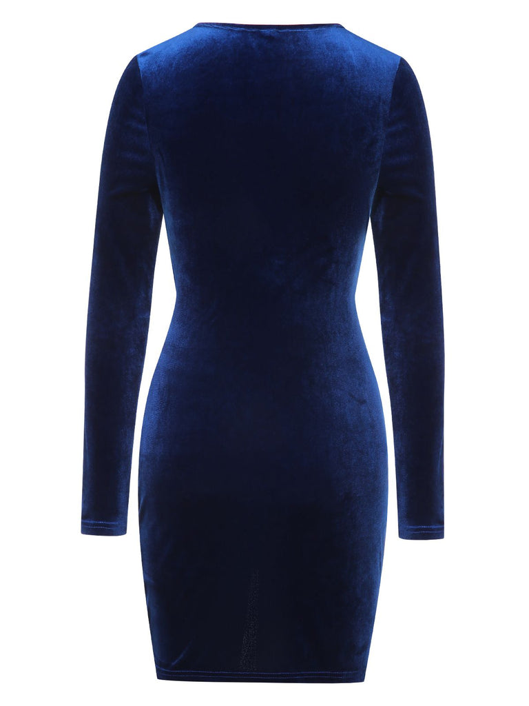 Royal Blue 1960s Solid Long Sleeve Velvet Dress