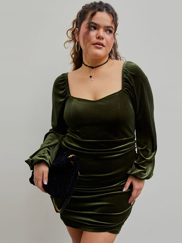 [Plus Size] Green 1960s Solid Sweetheart Wrap Dress