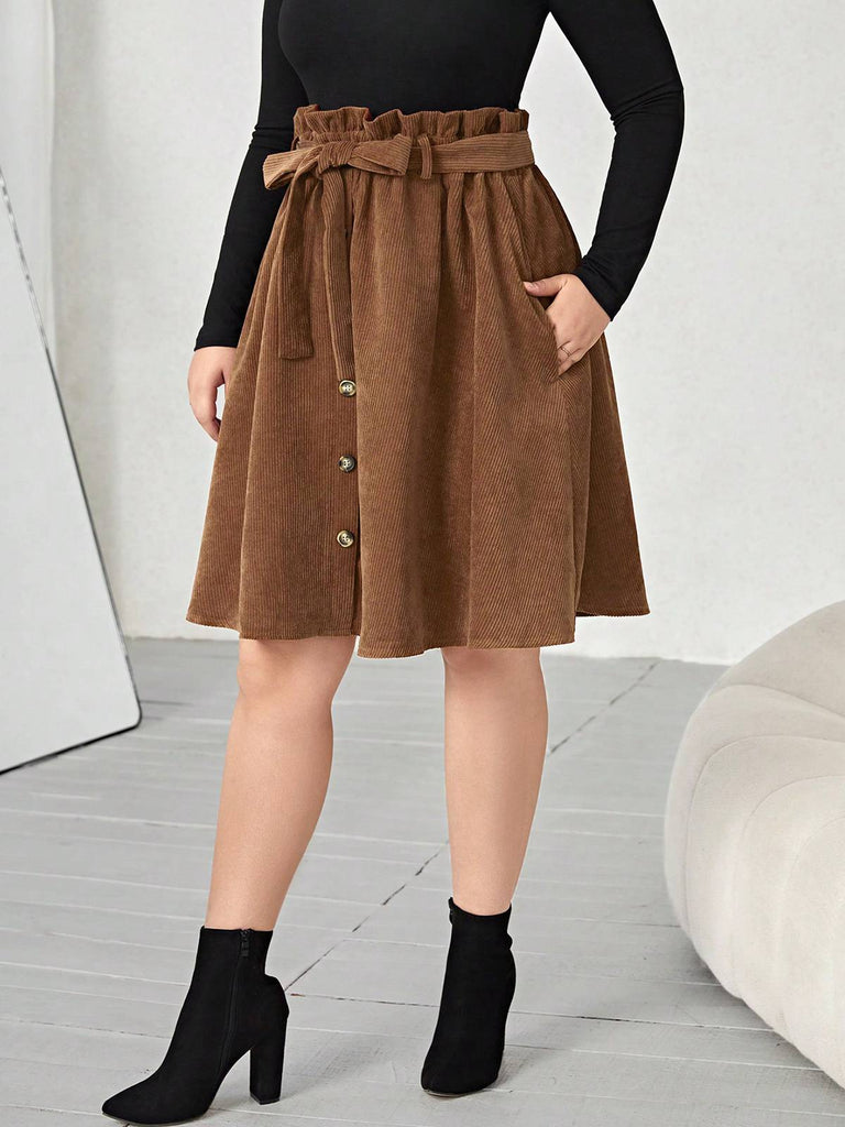 [Plus Size] Brown 1950s Corduroy Buttoned Skirt With Belt