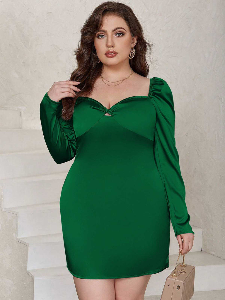[Plus Size] Green 1960s Sweetheart Neck Solid Wrap Dress