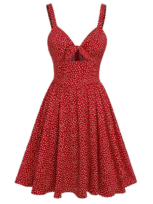 Red 1950s Spaghetti Strap Heart Print Dress