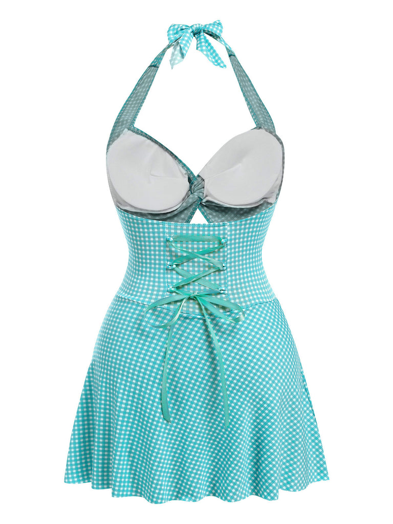 Blue Green 1930s Plaid Halter One-Piece Swimsuit