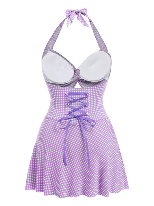 Purple 1930s Plaid Halter One-Piece Swimsuit