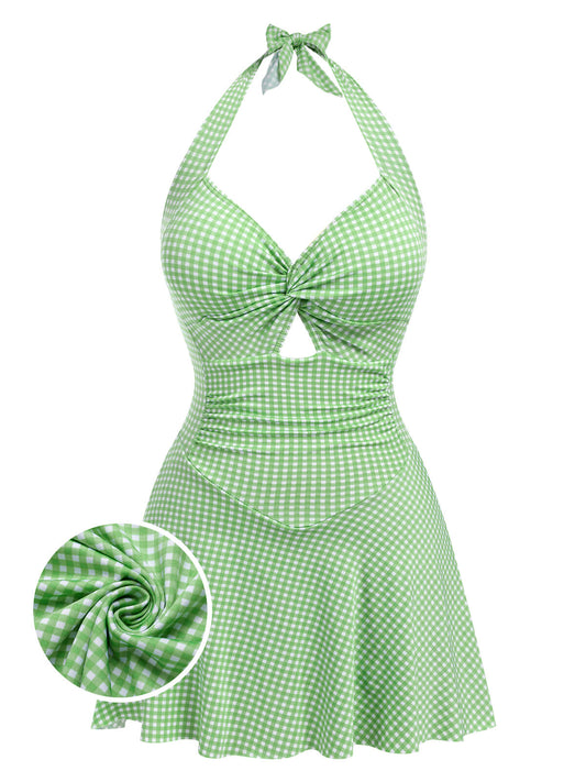 Light Green 1930s Plaid Halter One-Piece Swimsuit