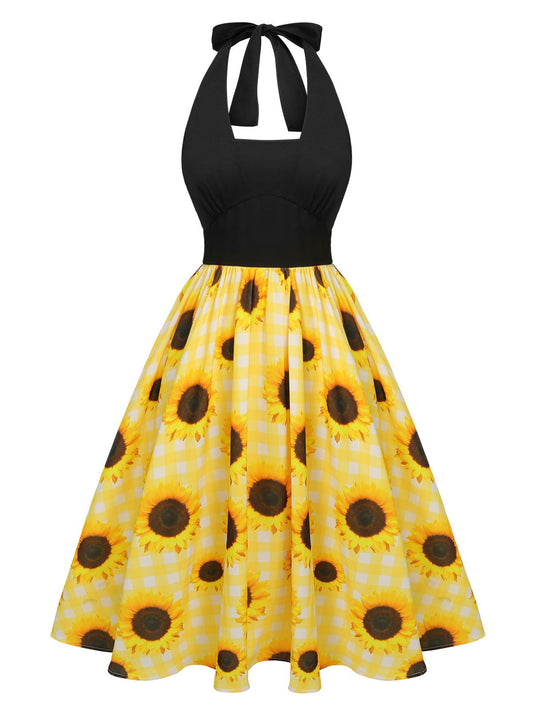 Yellow 1950s Sunflower Plaid Halter Dress