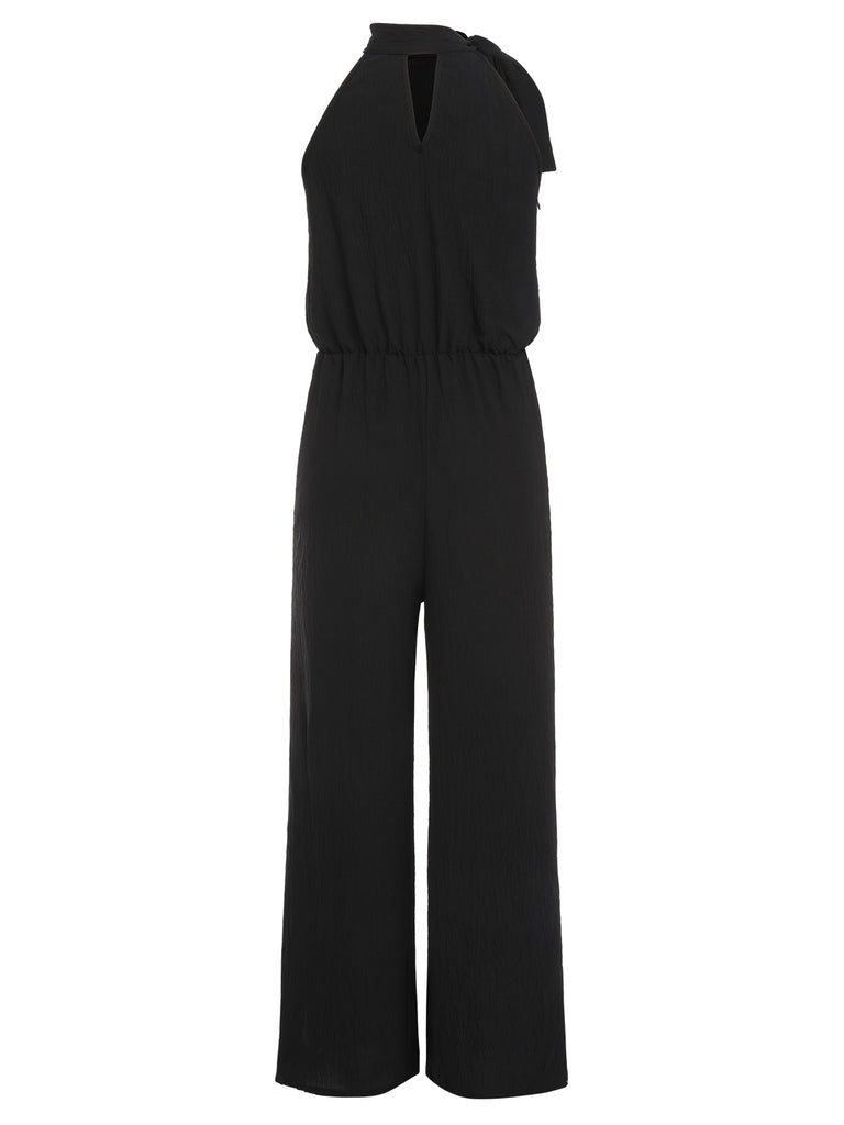 Black 1930s Solid Stand Collar Tie-Up Jumpsuit