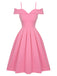 Pink 1950s Cold Shoulder Solid Dress