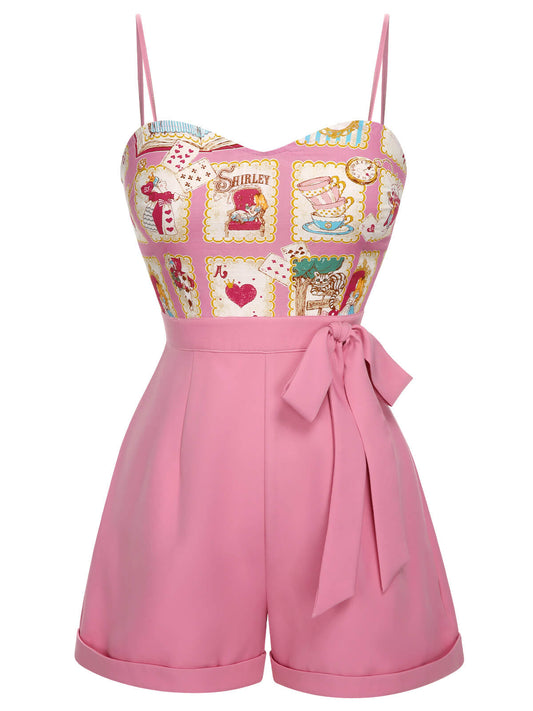 Pink 1950s Cartoon Pattern Spaghetti Strap Romper