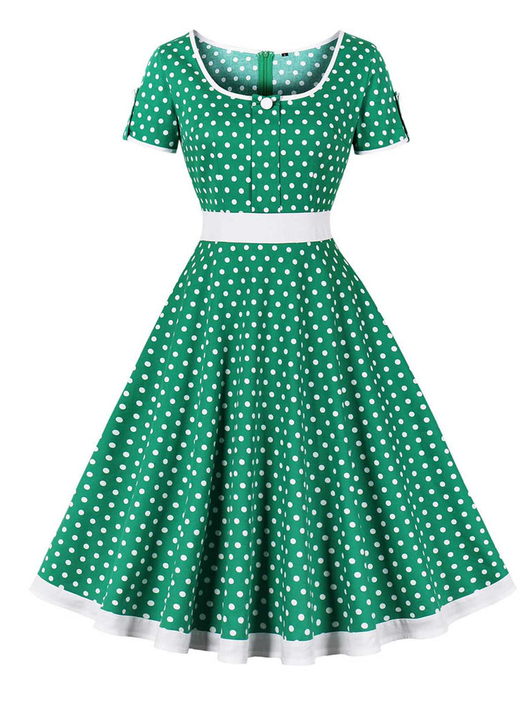 1950s Contrast Polka Dots Buttoned Dress