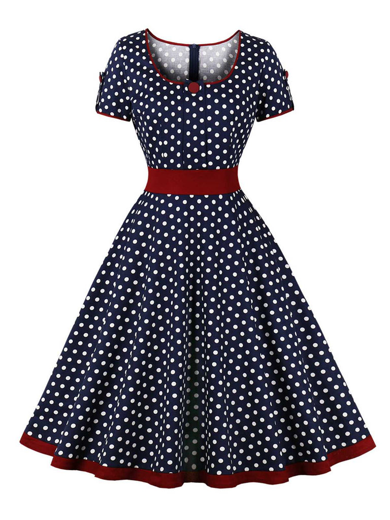 1950s Contrast Polka Dots Buttoned Dress