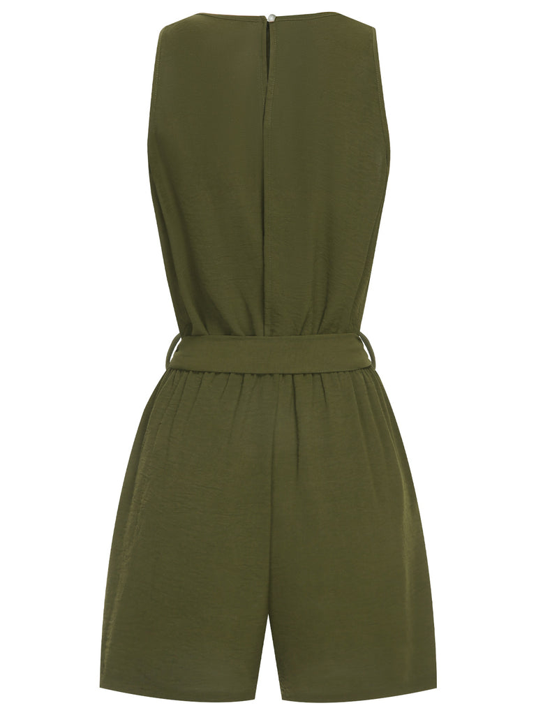 Army Green 1950s Lace V-Neck Patchwork Romper