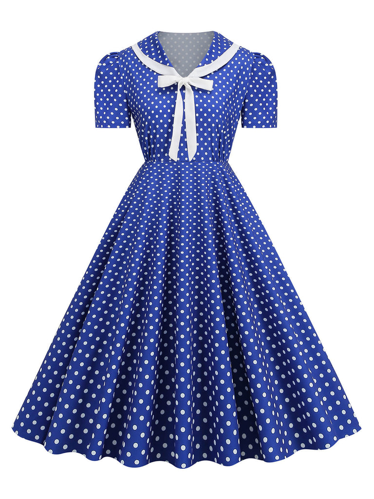 1950s Polka Dots Lapel Bowknot Swing Dress