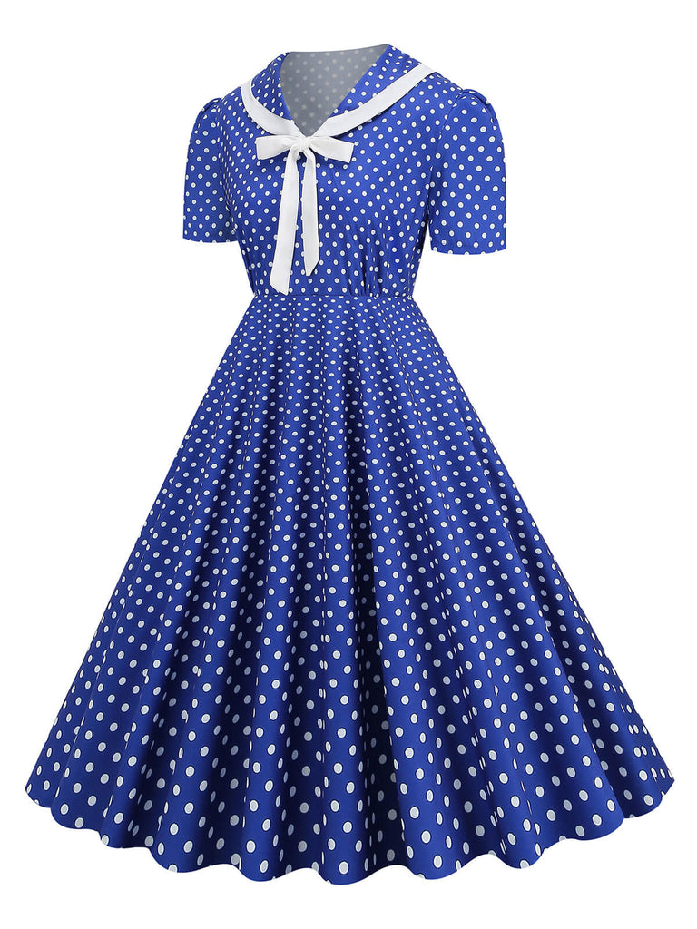 1950s Polka Dots Lapel Bowknot Swing Dress