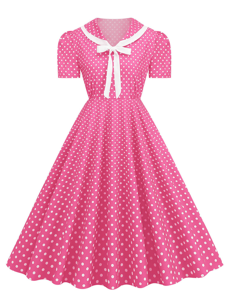 1950s Polka Dots Lapel Bowknot Swing Dress