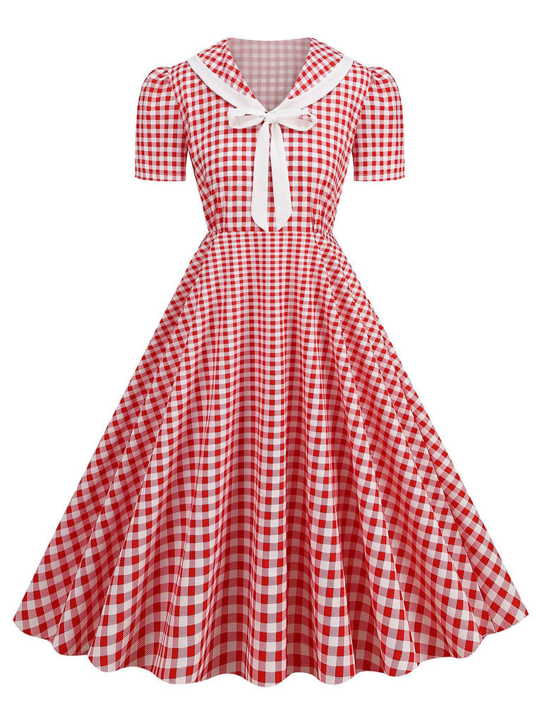 1950s Polka Dots Lapel Bowknot Swing Dress