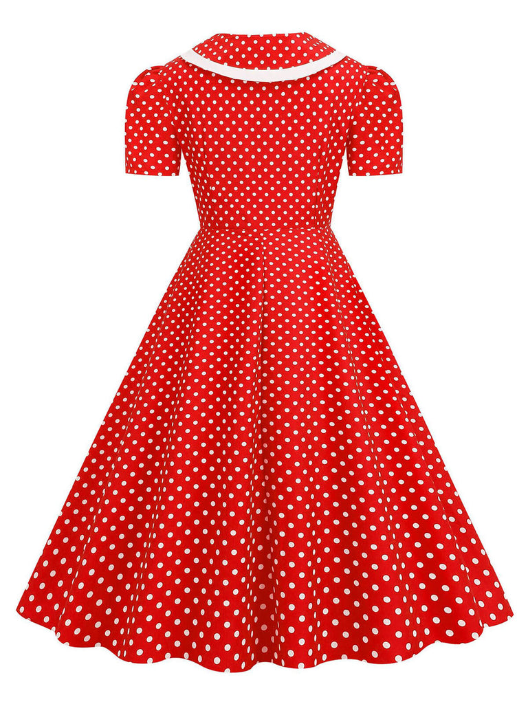 1950s Polka Dots Lapel Bowknot Swing Dress