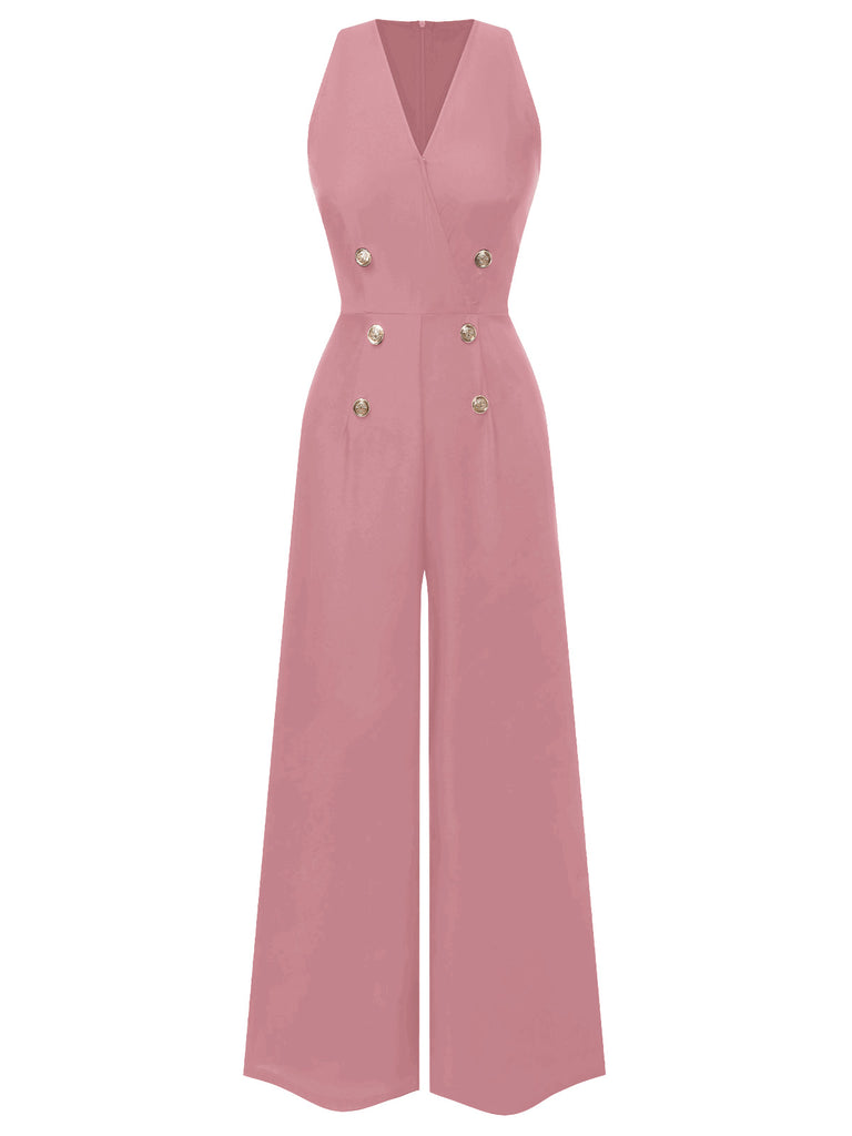 [Pre-Sale] Pink 1950s Sleeveless Buttoned Solid Jumpsuit