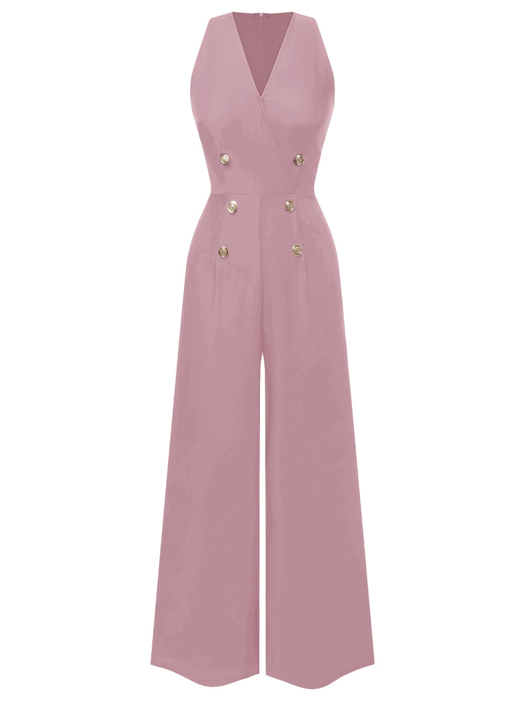 [Pre-Sale] Red 1950s Sleeveless Buttoned Solid Jumpsuit