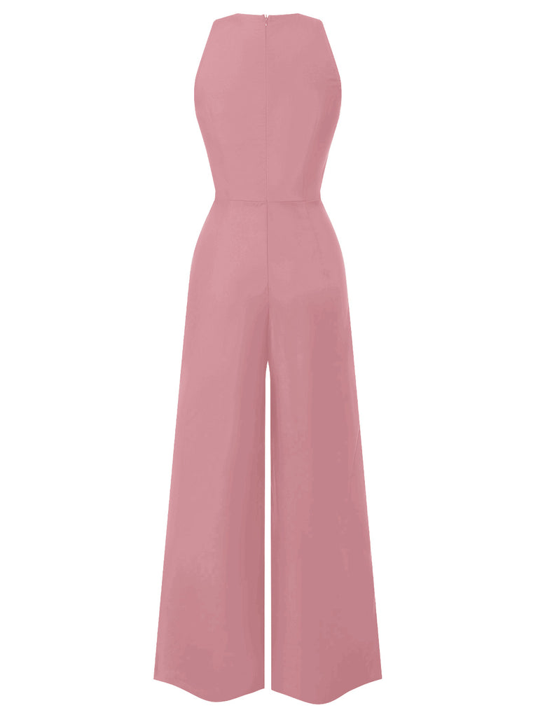 [Pre-Sale] Pink 1950s Sleeveless Buttoned Solid Jumpsuit