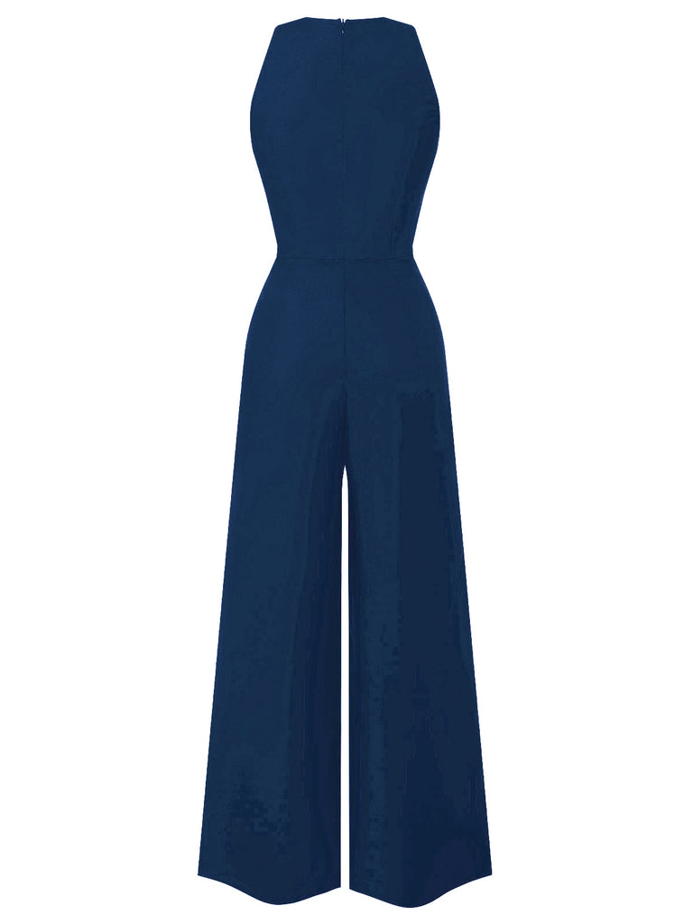 [Pre-Sale] Blue 1950s Sleeveless Buttoned Solid Jumpsuit