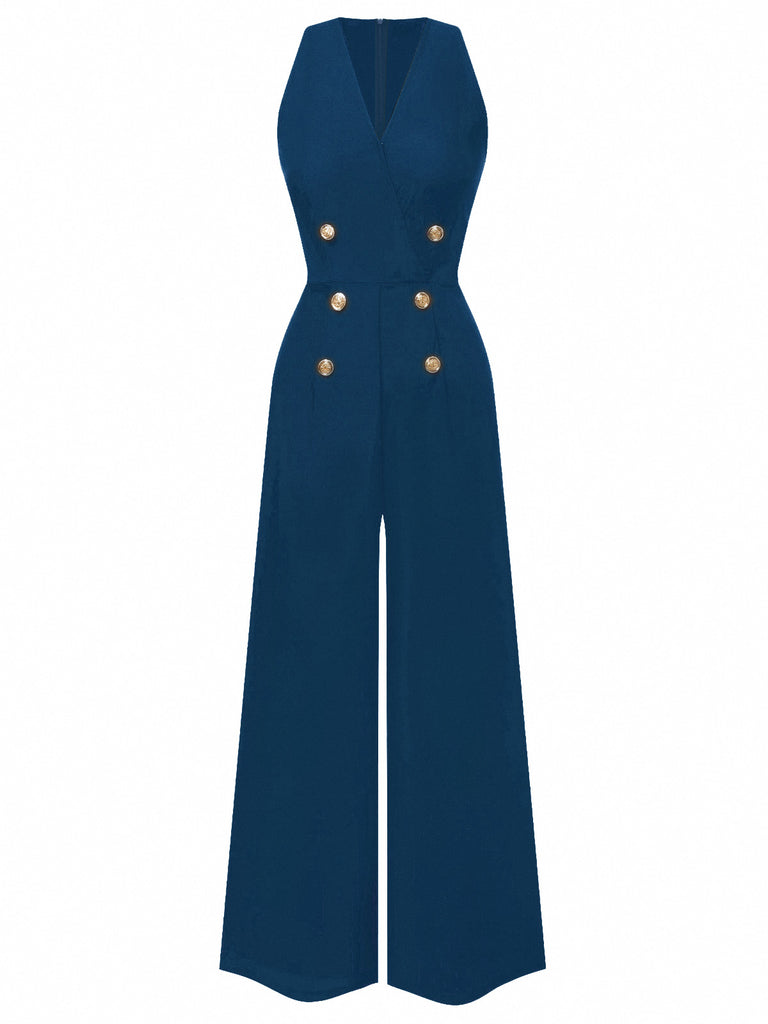 Blue 1950s Sleeveless Buttoned Solid Jumpsuit