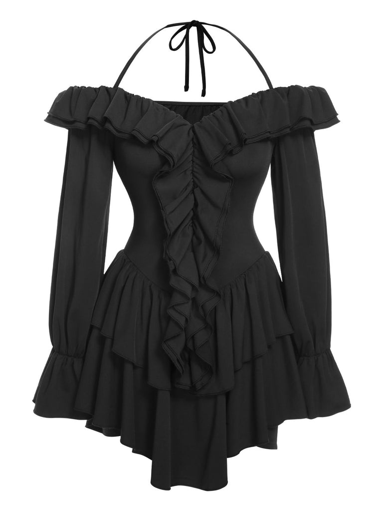 Black 1950s Solid Ruffle Off-Shoulder Romper