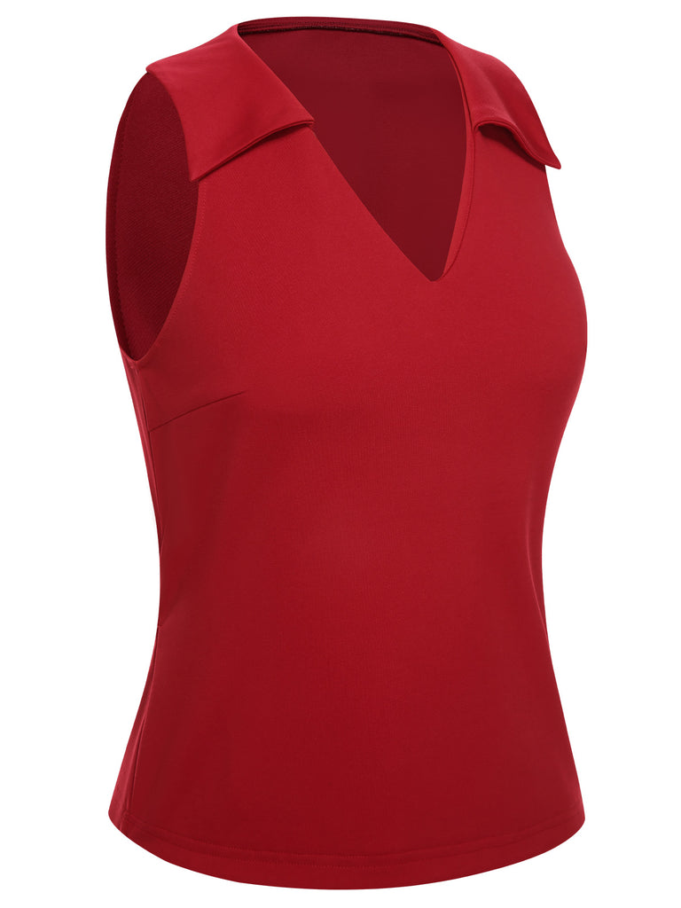 Red 1940s Solid Sleeveless Lapel Top