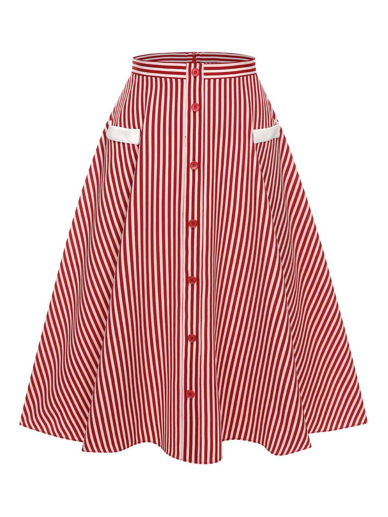 Red 1940s Buttoned Stripes Skirt