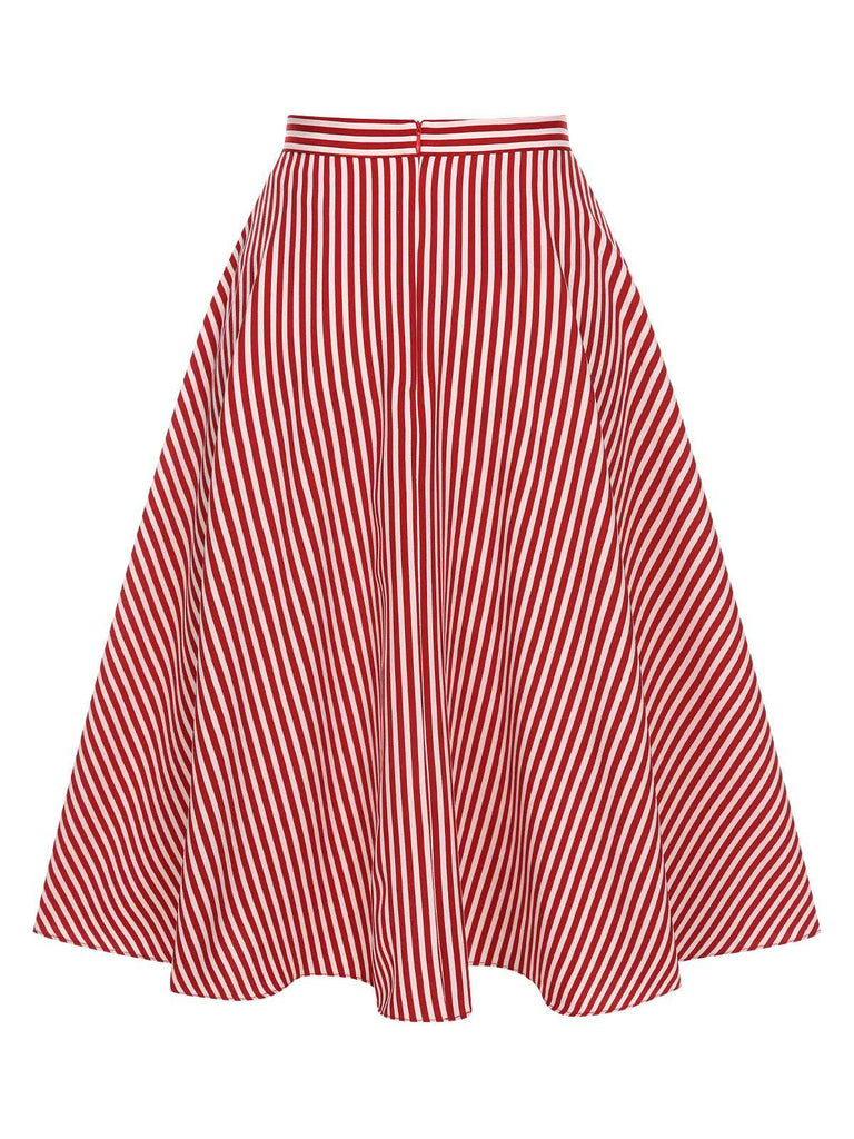 Red 1940s Buttoned Stripes Skirt