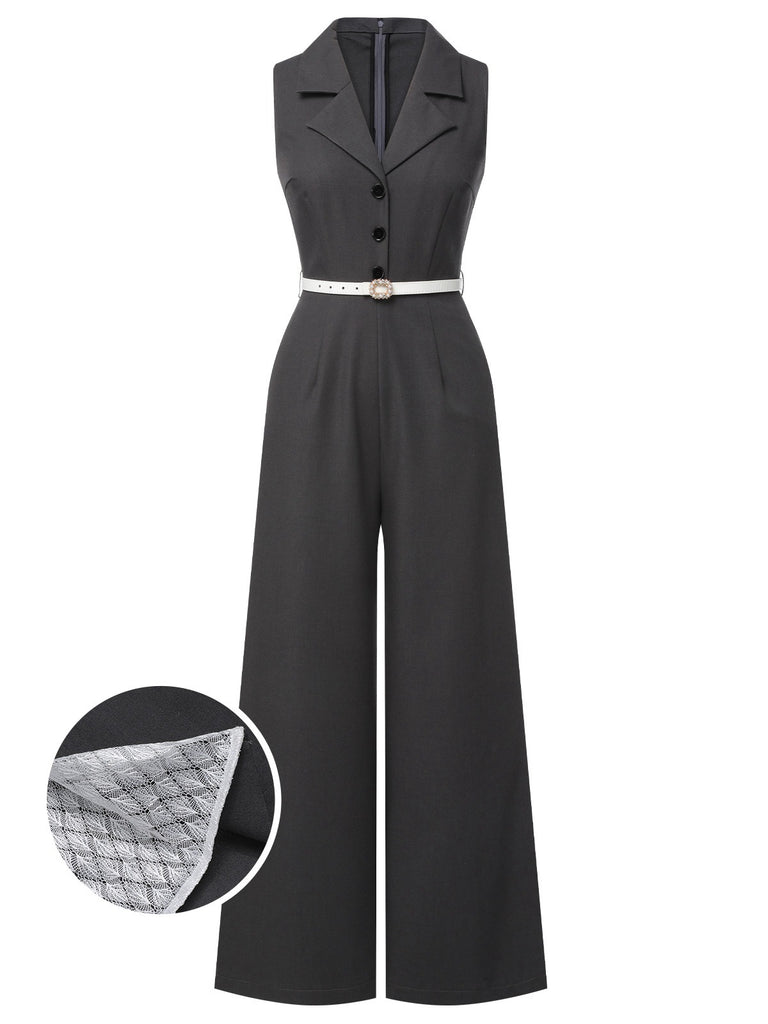 Gray 1940s V-Neck Lapel Lace-Patchwork Jumpsuit